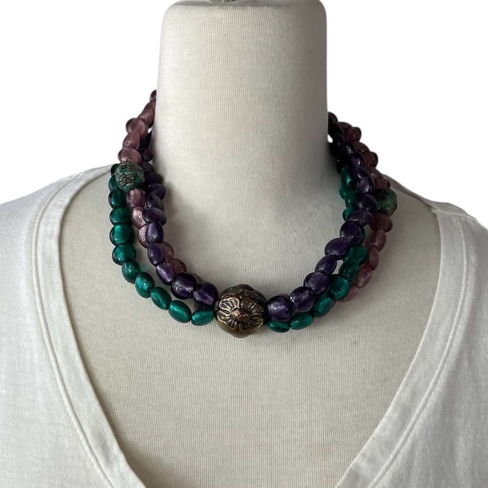 Triple Strand Purple and Green jewel‎ toned Beaded Necklace with gold beads